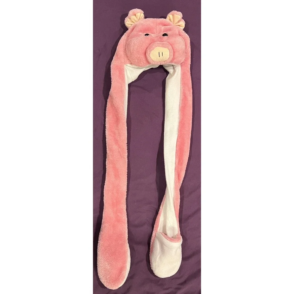 Pig Hat Animal Fluffy with Hood Scarf Long Mittens EUC